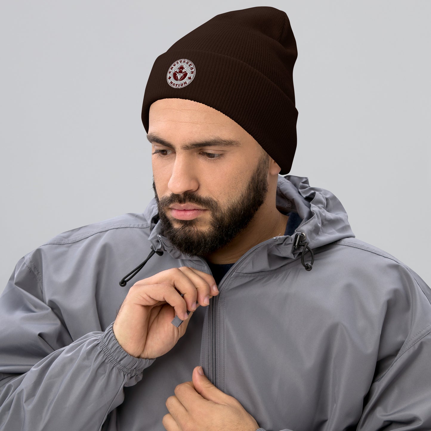 Brown Embroidered Cuffed Toque